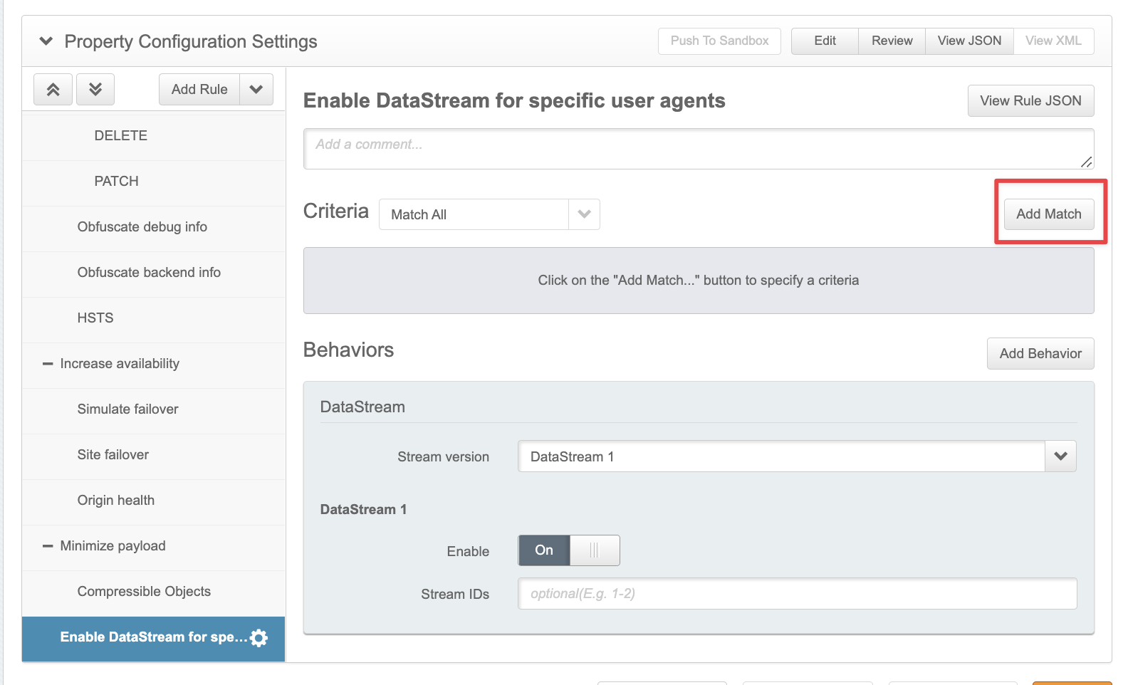 Adding a match to the user agent criteria Screenshot of the Add Match button for adding the user agent criteria