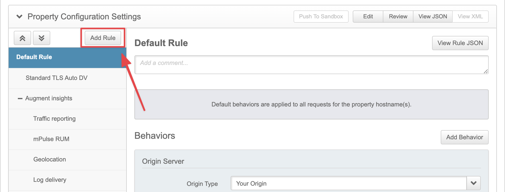 Add Rule in the Property Configuration Settings Screenshot of the Add Rule button in the Property Configuration Settings