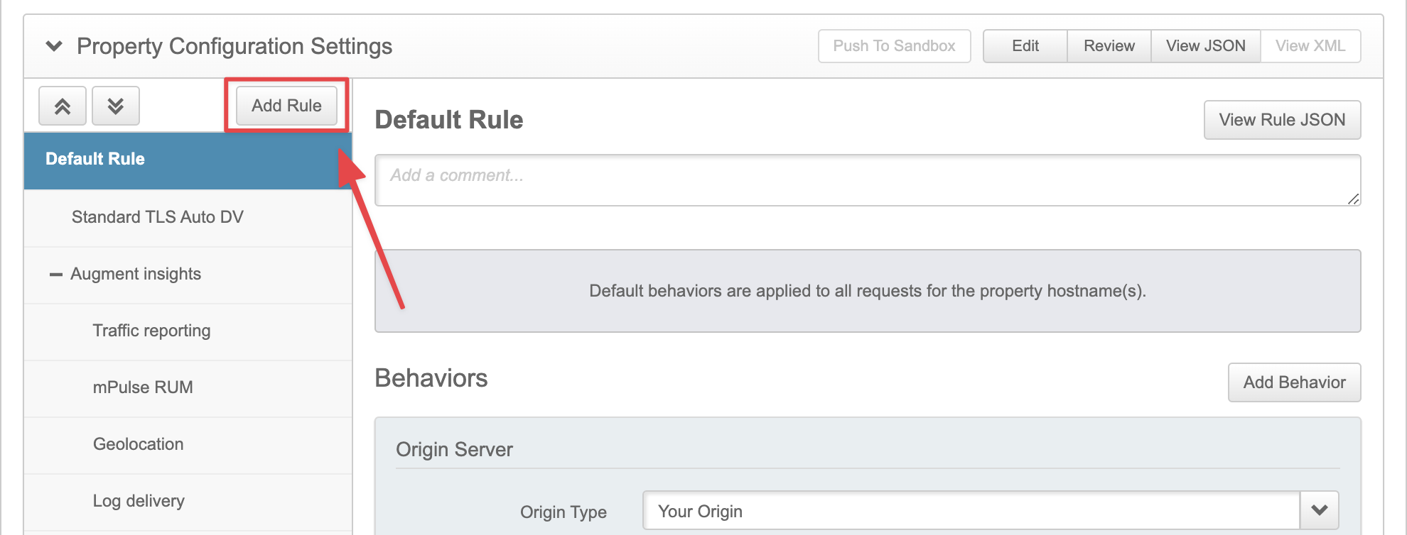 Screenshot of the Add Rule button in the Property Configuration Settings