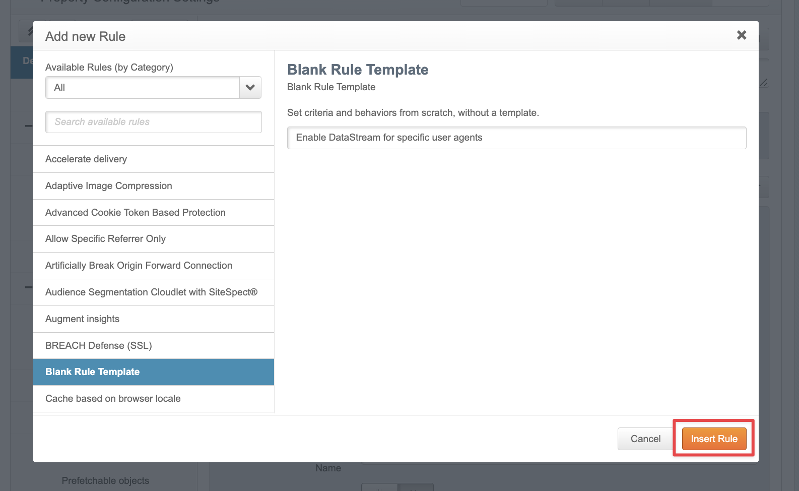 Choosing a Blank Rule Template Screenshot of the Blank Rule Template when adding a new rule