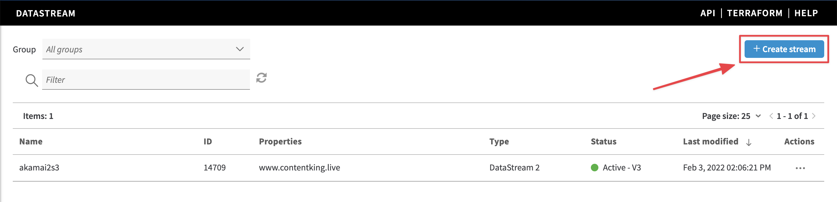 Screenshot of the DataStream section in the Akamai UI