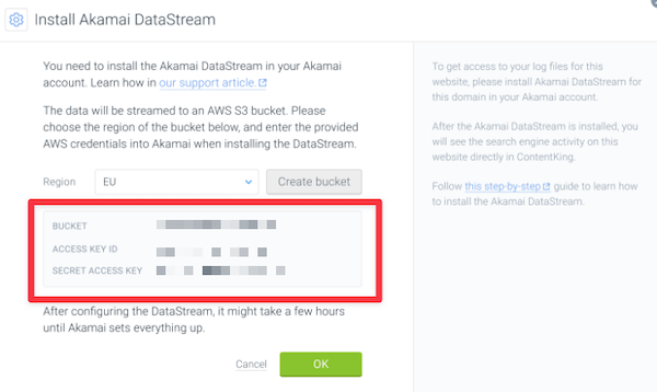 Screenshot illustrating Akamai DataStream credentials