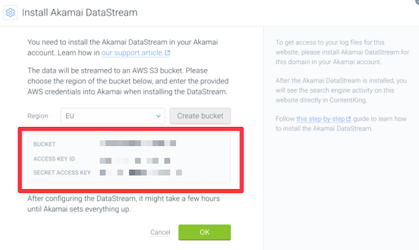 Retrieve Akamai DataStream credentials Screenshot illustrating Akamai DataStream credentials