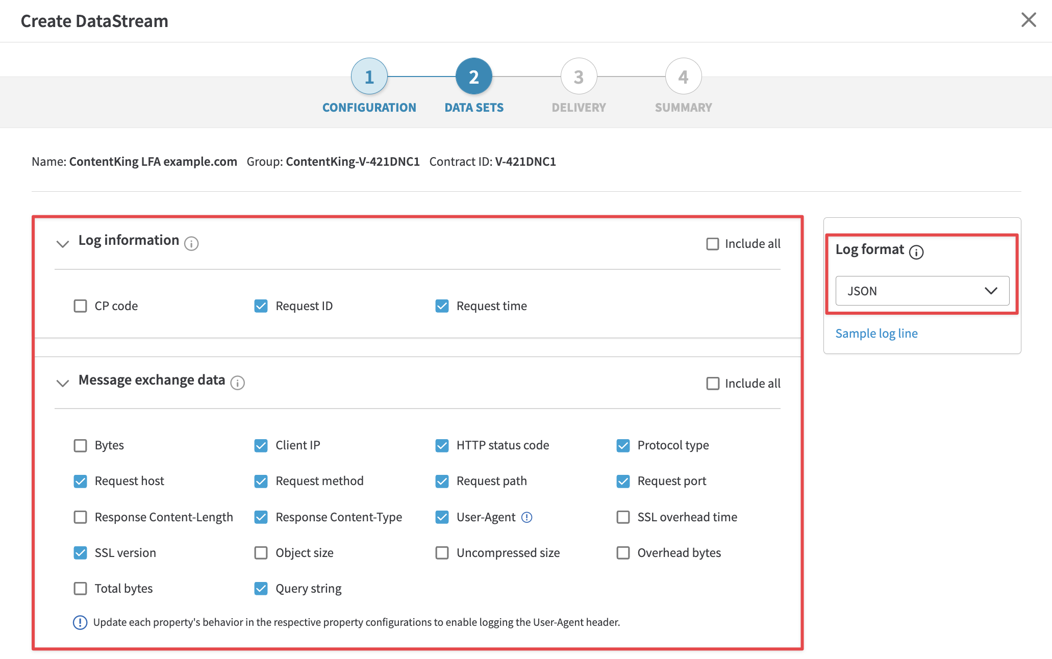 Configuring Data Sets for the Akamai DataStream Screenshot of the Data Sets step in creating an Akamai DataStream