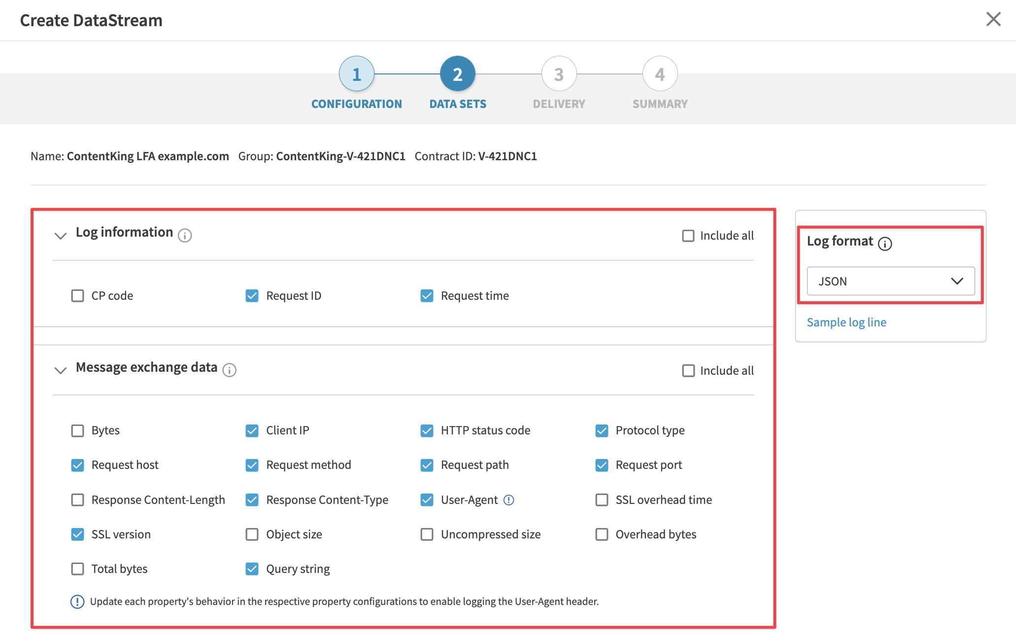 Screenshot of the Data Sets step in creating an Akamai DataStream