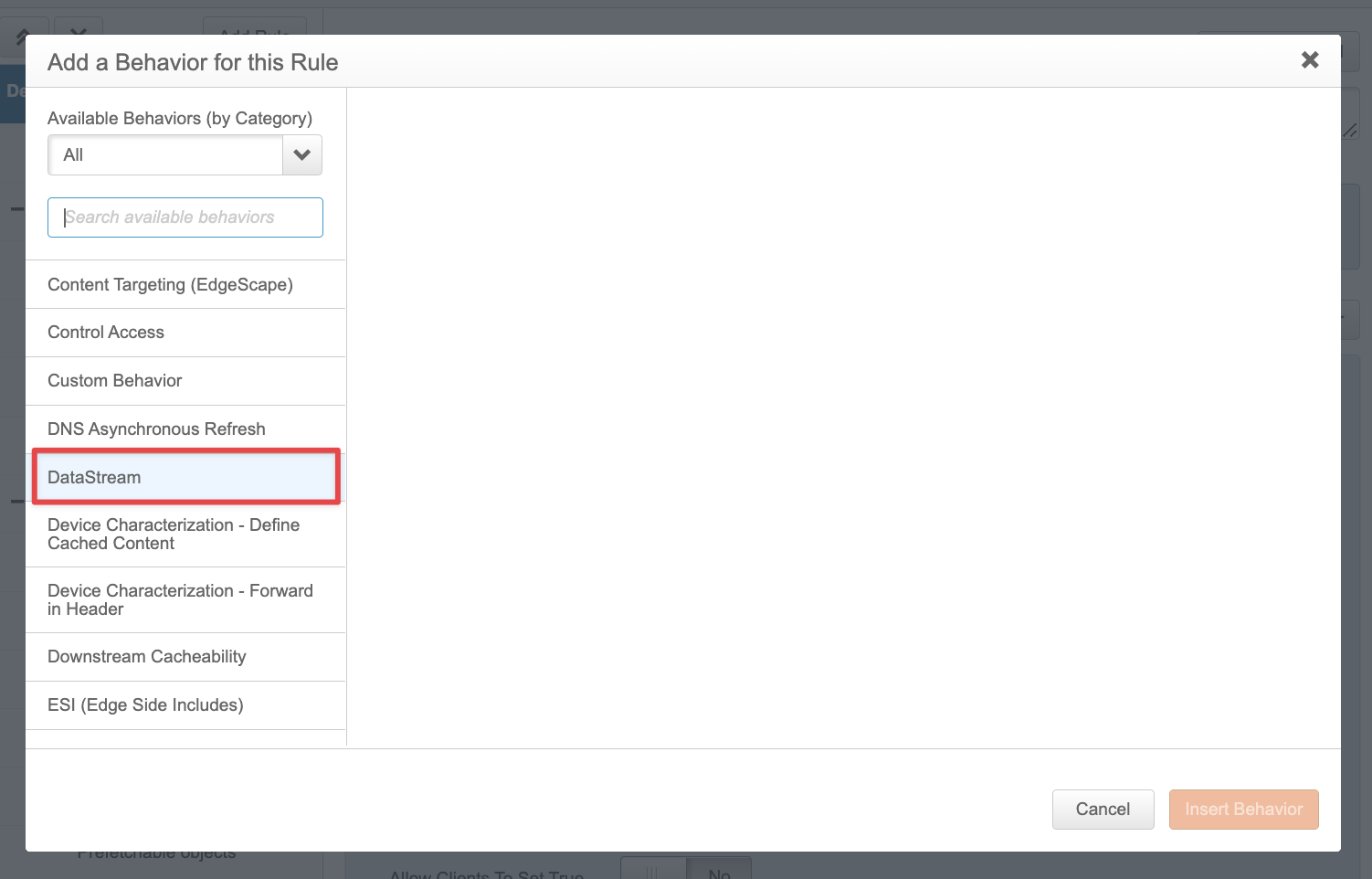 Searching for the DataStream in the behavior modal Screenshot of DataStream in the behavior modal