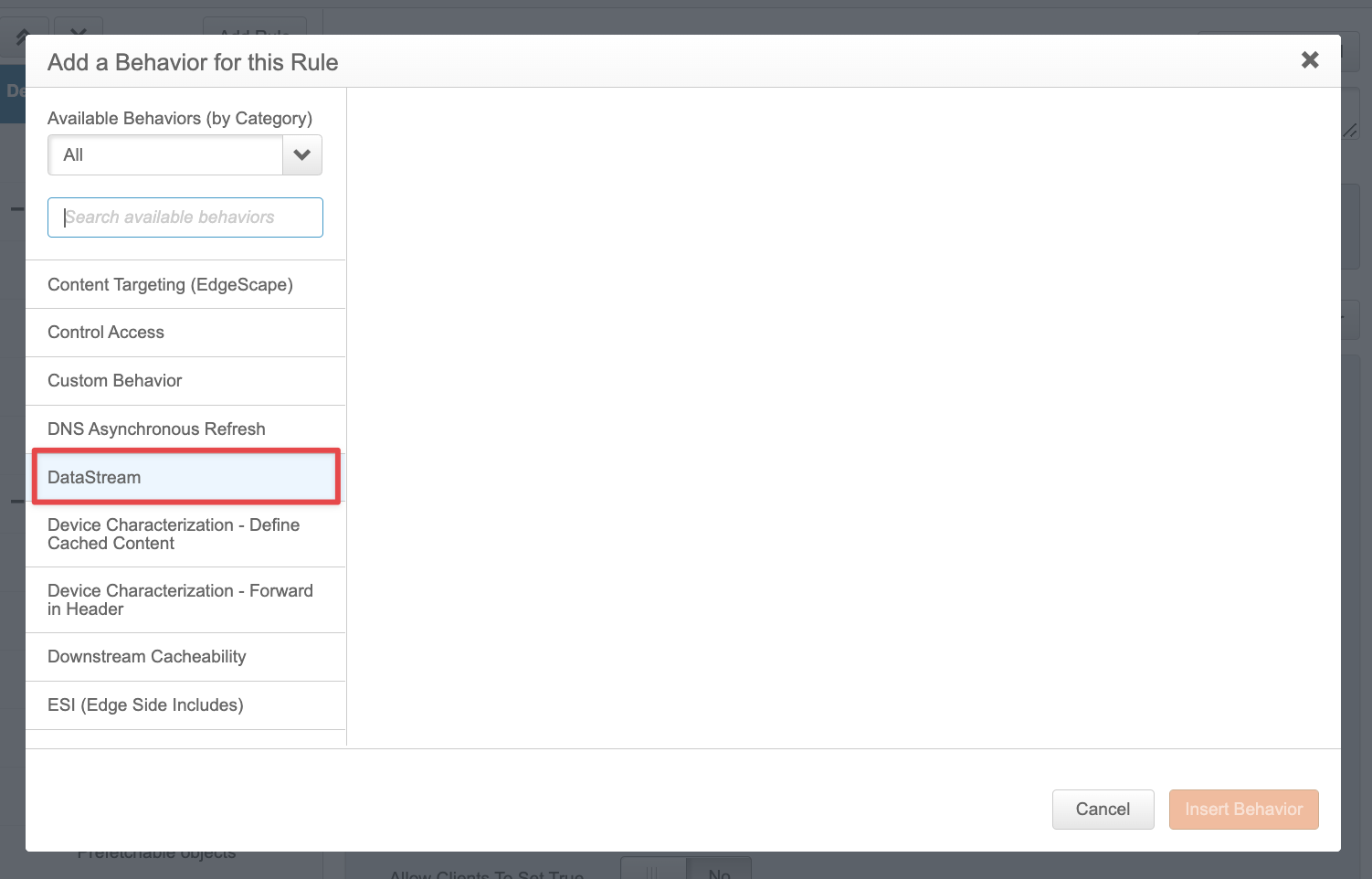 Screenshot of DataStream in the behavior modal
