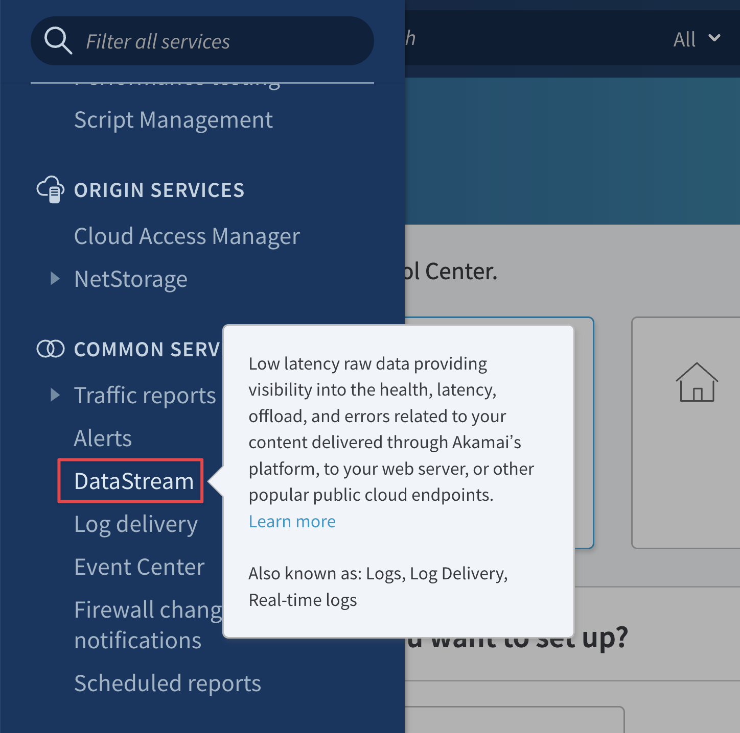 Akamai DataStream navbar Screenshot of the DataStream button in the Akamai UI navbar