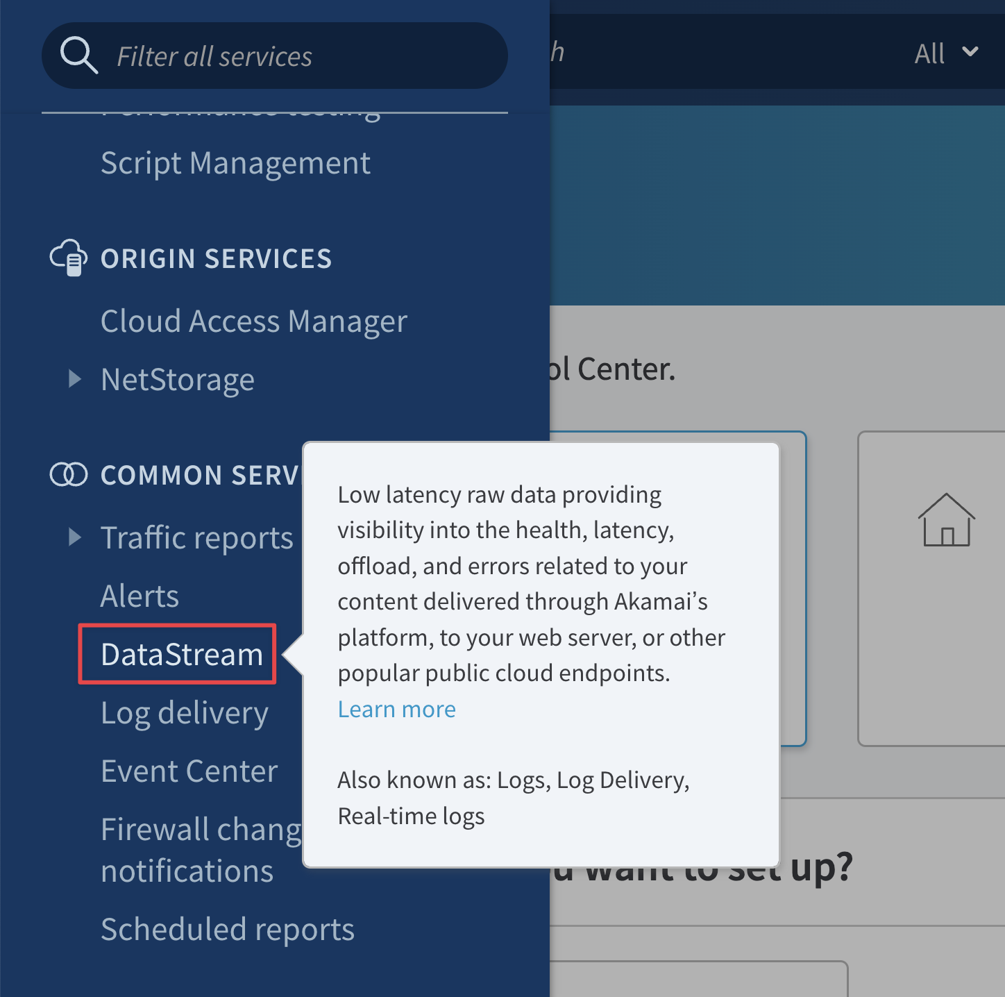 Screenshot of the DataStream button in the Akamai UI navbar