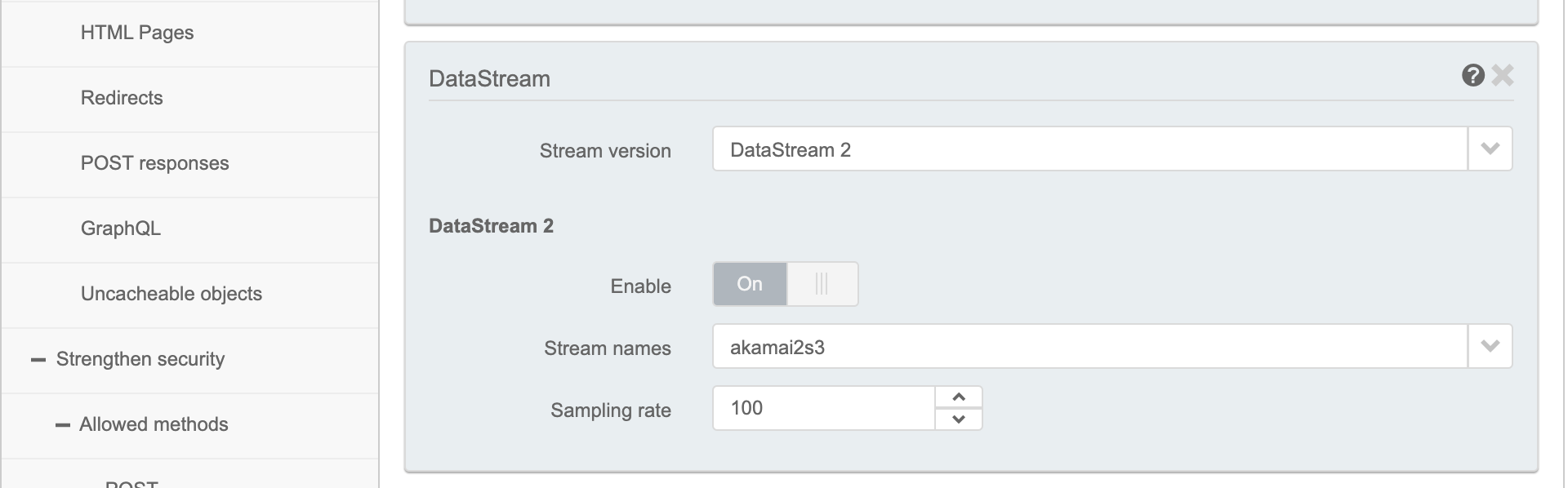 The DataStream section in the Property Configuration Settings Screenshot of the DataStream section in the Property Configuration Settings