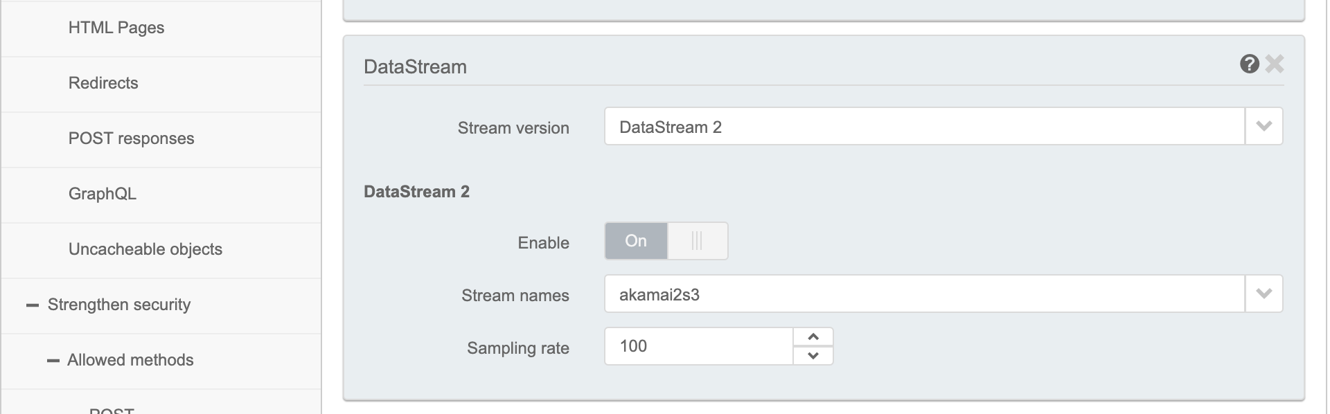 Screenshot of the DataStream section in the Property Configuration Settings