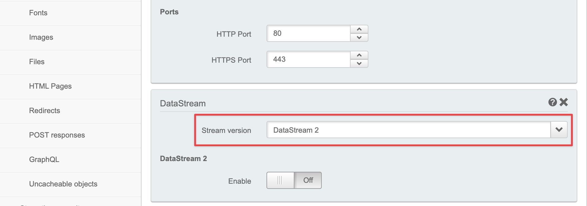 Screenshot of selecting DataStream 2 as the stream version