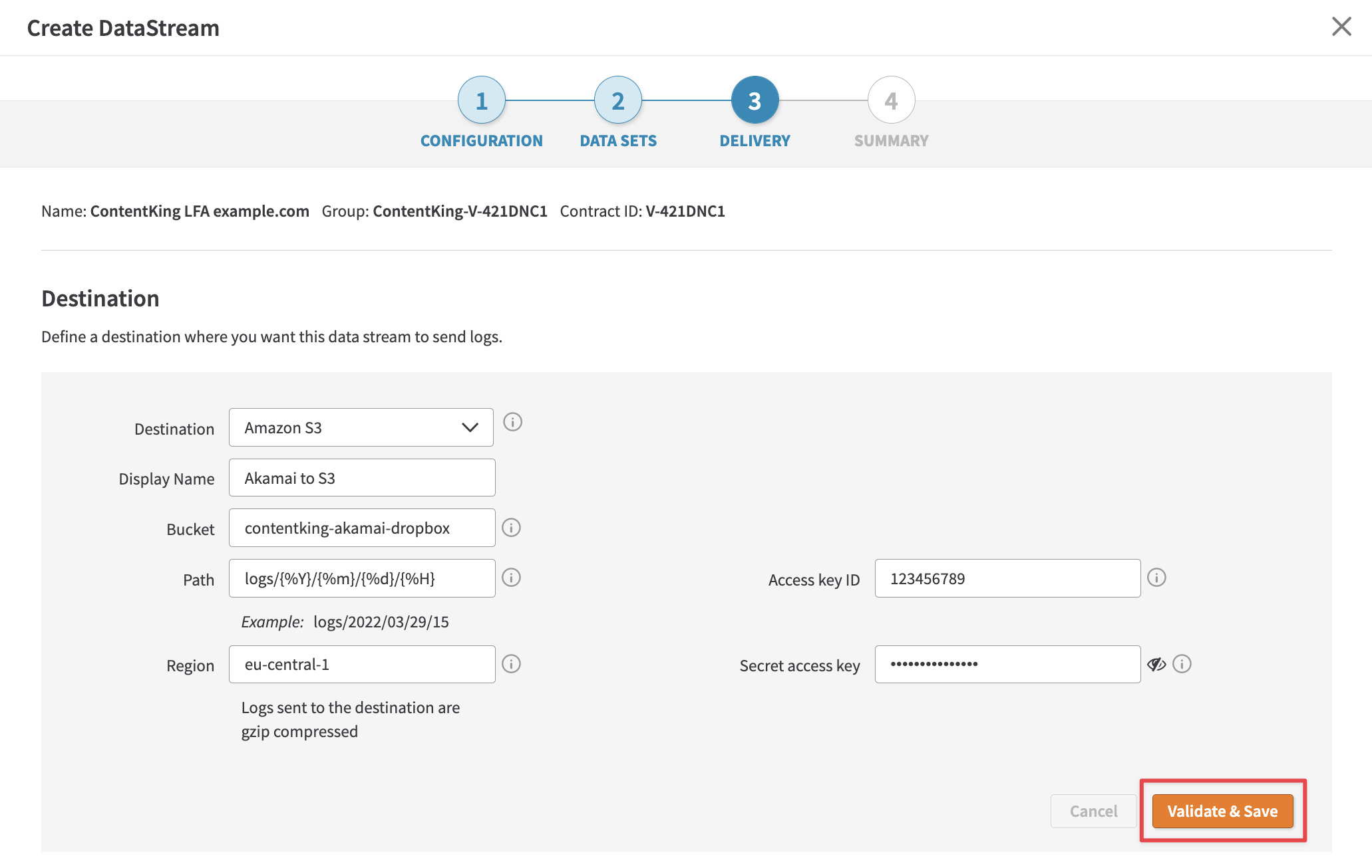 Defining the logs destination Screenshot of the Delivery step in creating an Akamai DataStream
