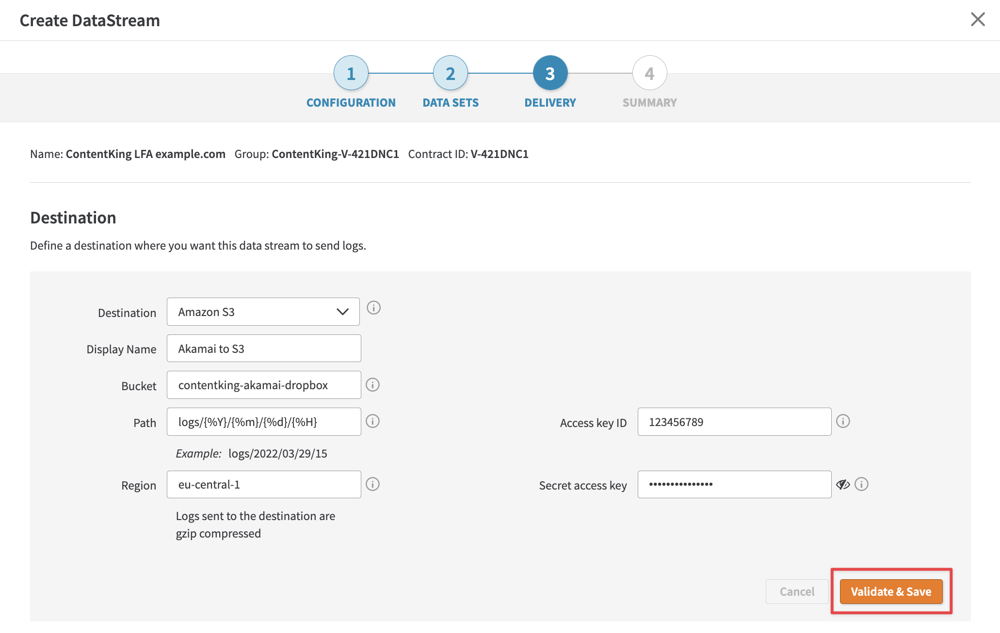 Screenshot of the Delivery step in creating an Akamai DataStream