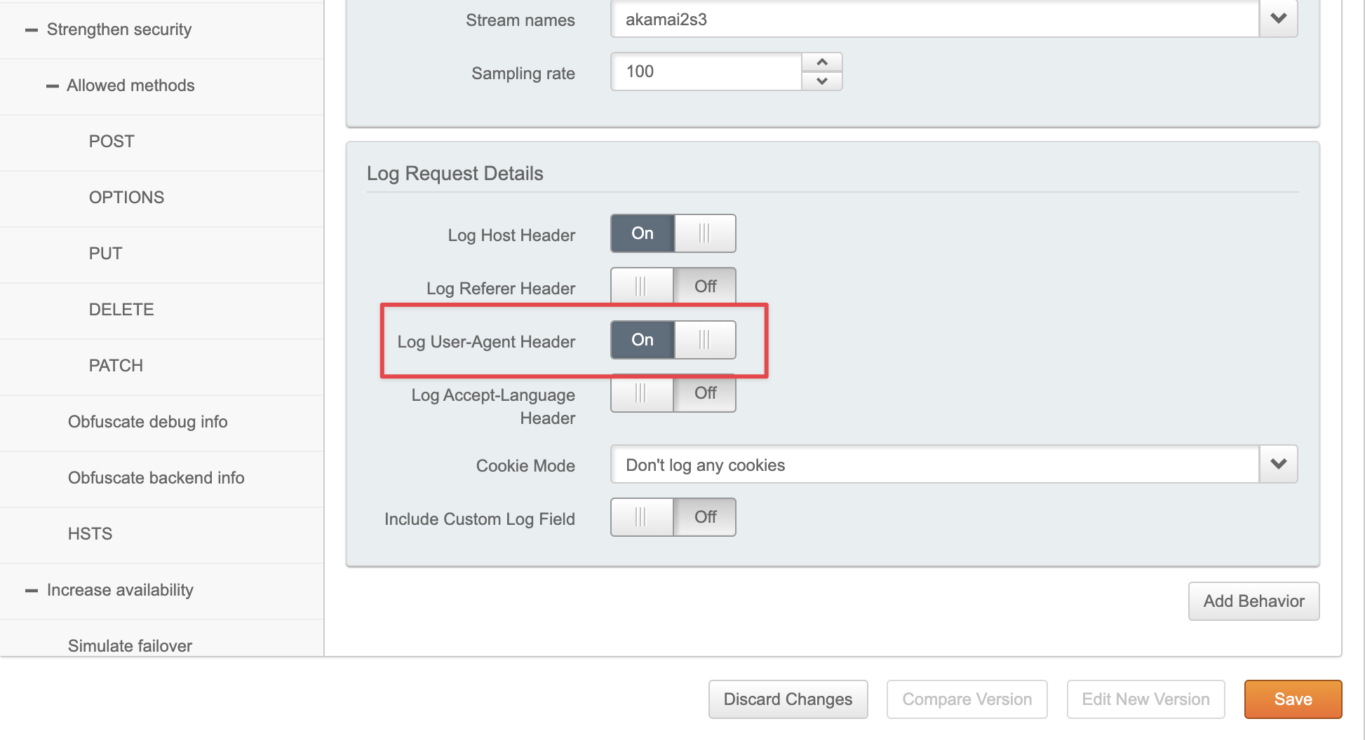 Ensure that the Log User-Agent header is enabled Screenshot of the highlighted Log User-Agent header toggle