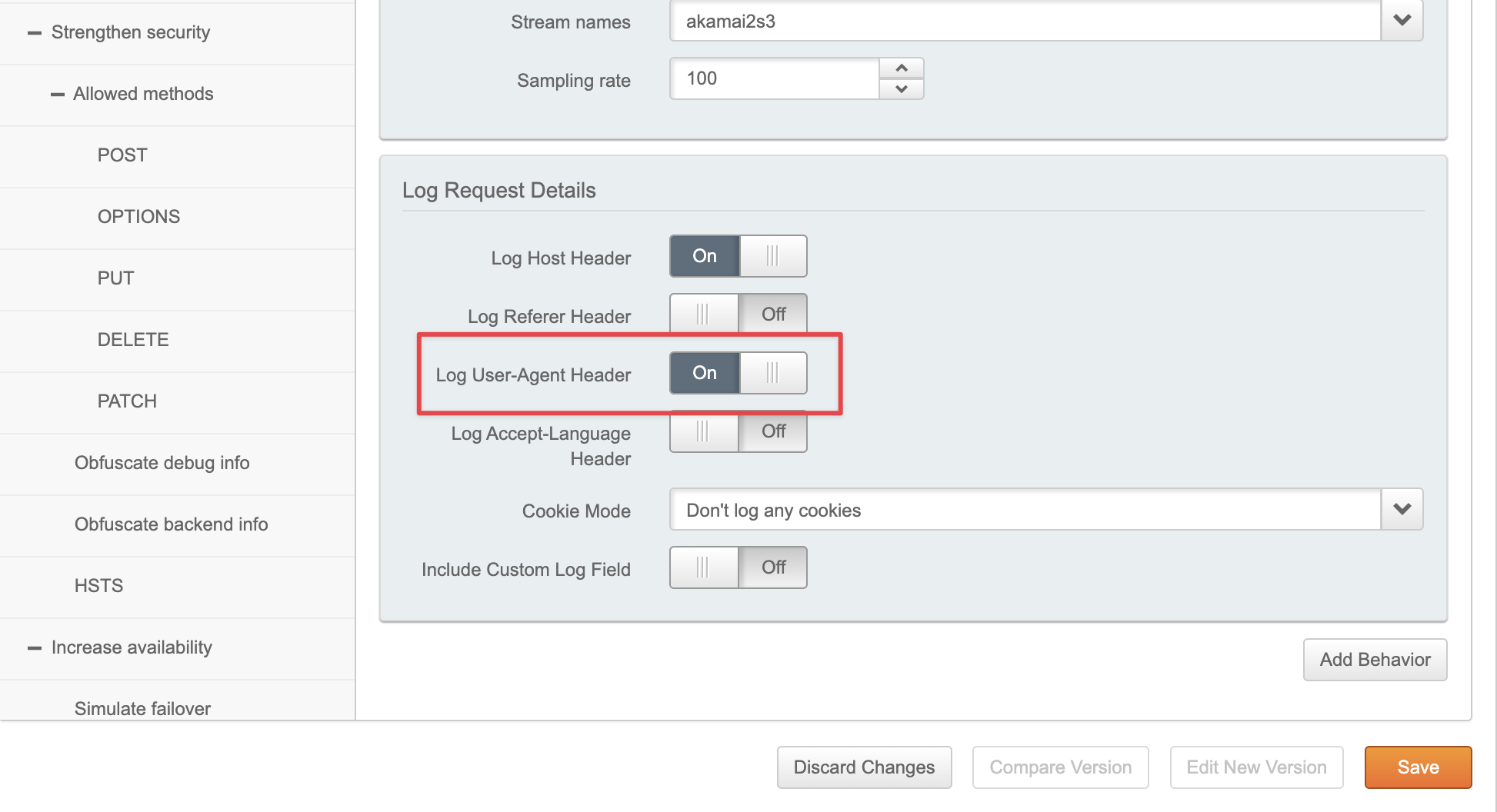 Screenshot of the highlighted Log User-Agent header toggle
