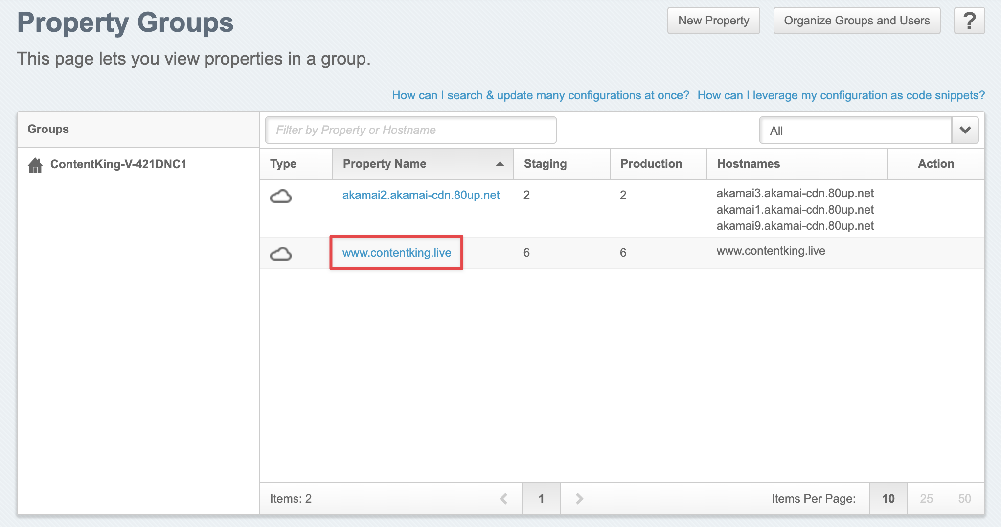 Screenshot of the Property Groups section in the Akamai UI