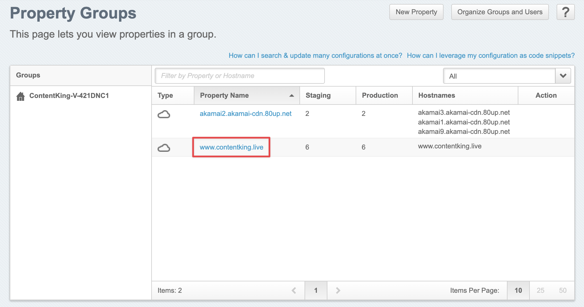 Selecting a property to assosicate with the DataStream Screenshot of the Property Groups section in the Akamai UI