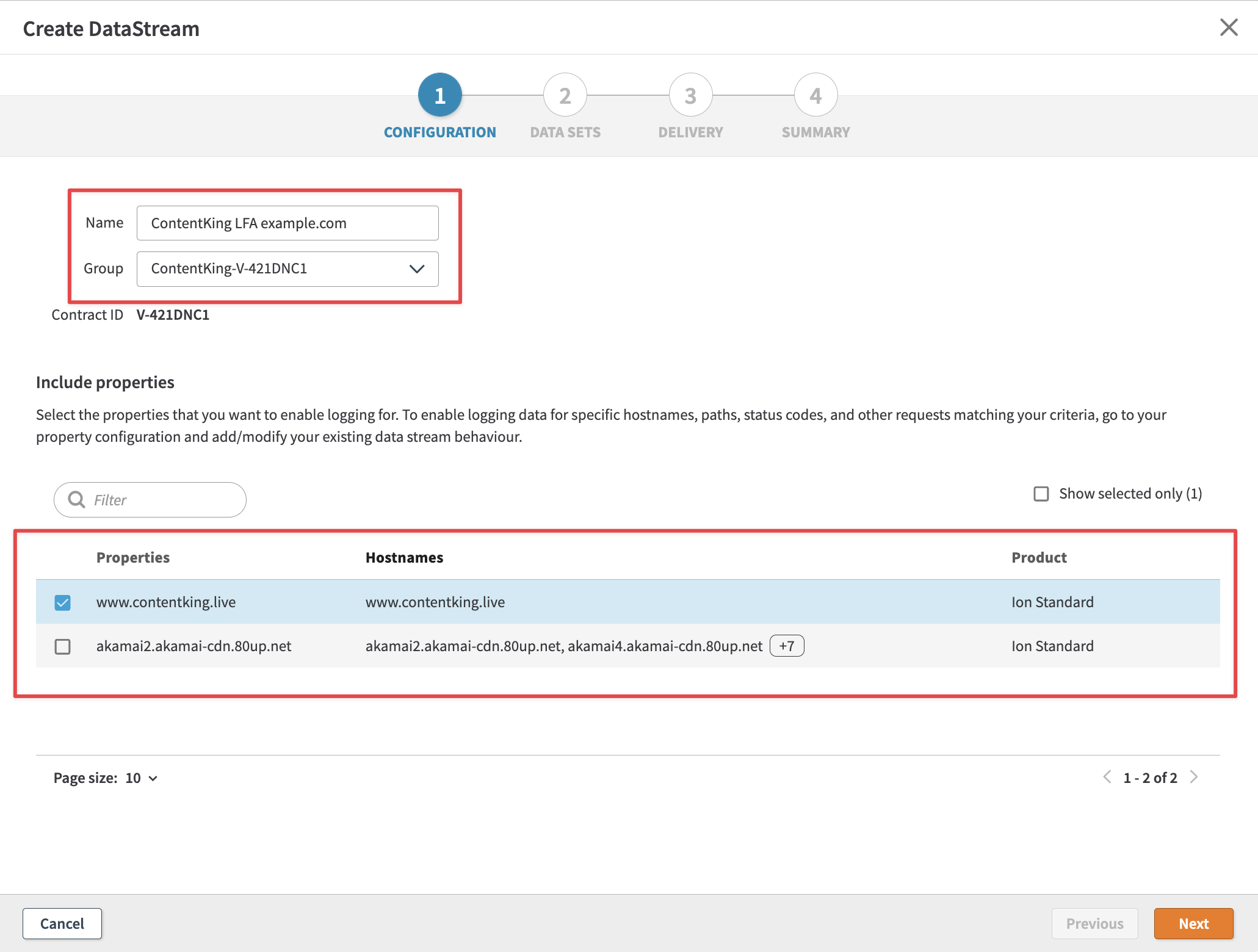 Screenshot of the Create DataStream section in the Akamai UI