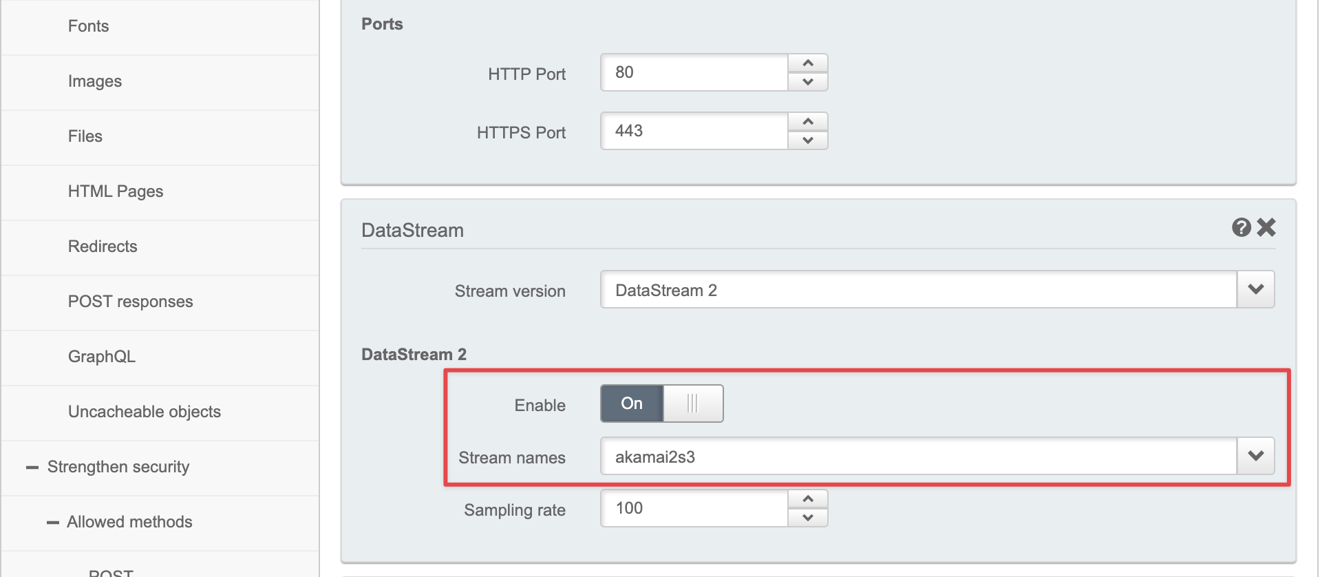 Enabling and naming the DataStream 2 Screenshot of enabling and naming the DataStream 2