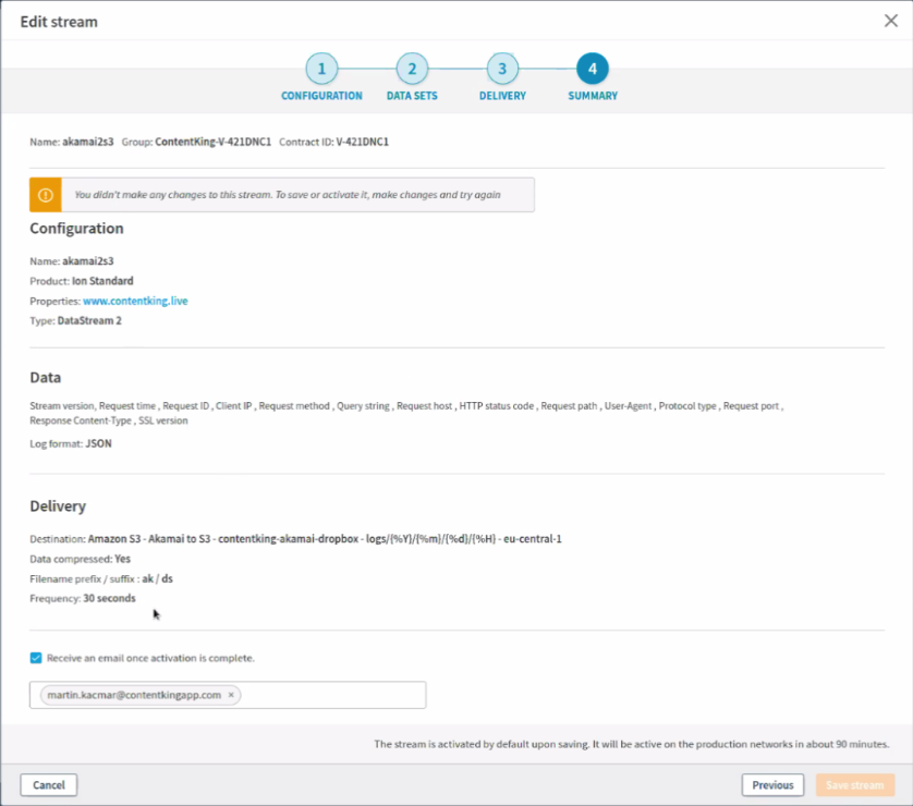 Summary screen of creating a stream Screenshot of the Summary step in creating an Akamai DataStream