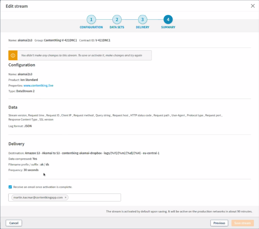 Screenshot of the Summary step in creating an Akamai DataStream