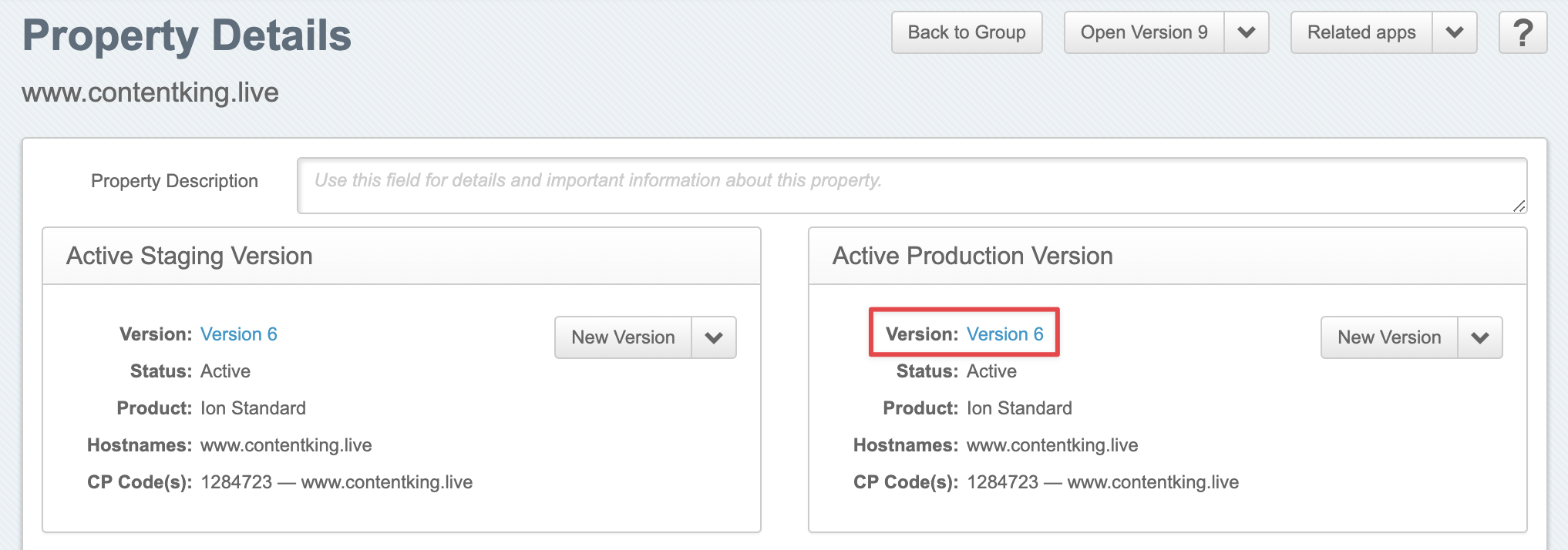 Choosing a property version Screenshot of the Property Details section in the Akamai UI