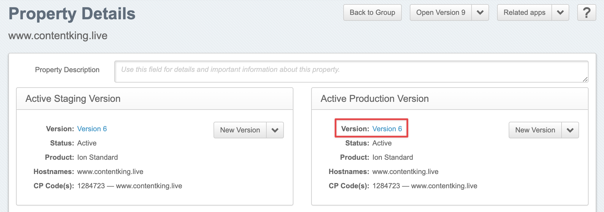 Screenshot of the Property Details section in the Akamai UI