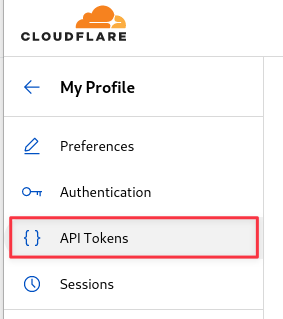 Screenshot of the API Tokens button on the Cloudflare dashboard