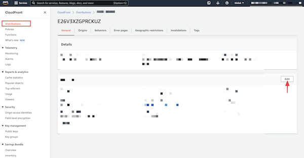 Screenshot illustrating the CloudFront distributions details page