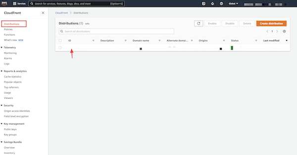 Screenshot illustrating how to find the CloudFront distributions page