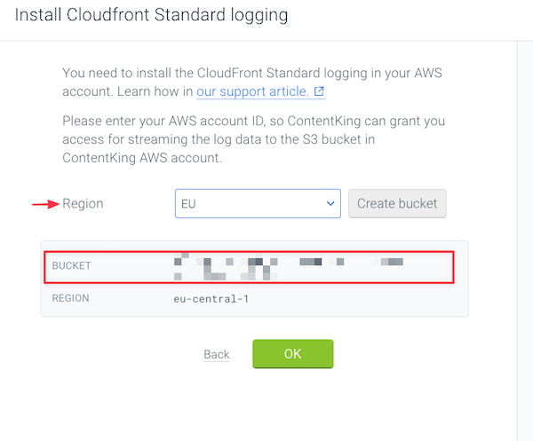 Screenshot illustrating how to select the region for ContentKing S3 bucket