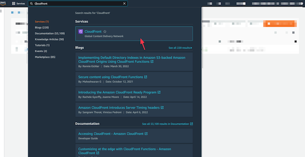 Screenshot illustrating how to find the CloudFront service in AWS