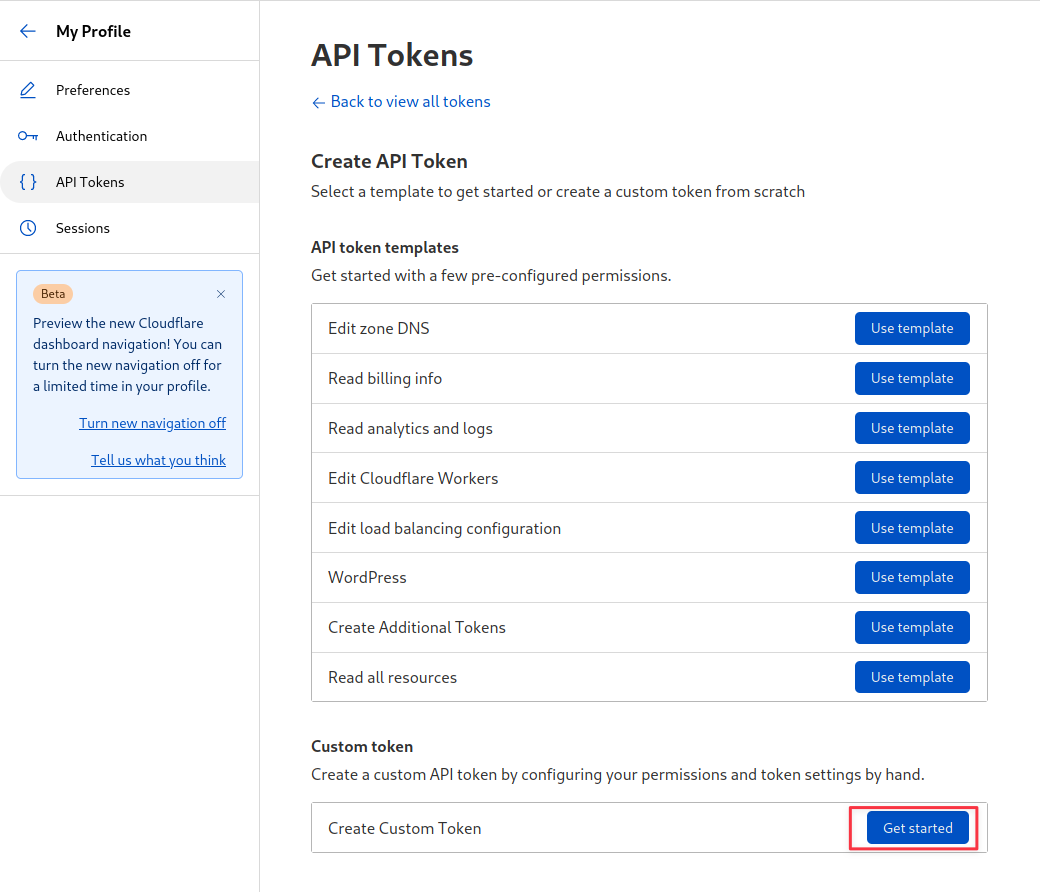 Screenshot of the API Tokens section for creating a custom token