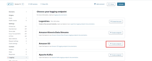 Screenshot illustrating how to enable S3 endpoint in Fastly account
