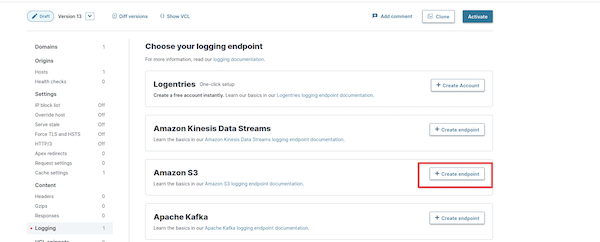 Enabling S3 endpoint Screenshot illustrating how to enable S3 endpoint in Fastly account
