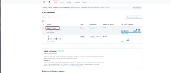 Screenshot of the services in the Fastly UI