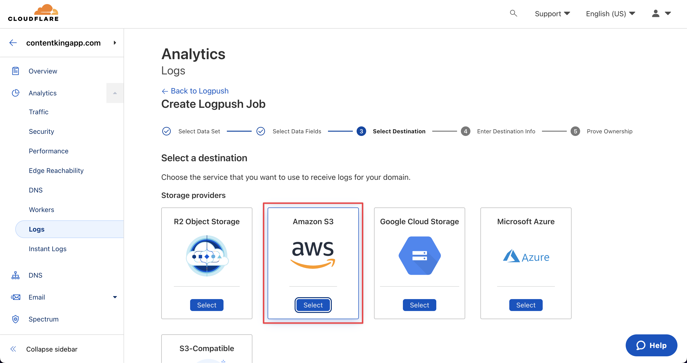 Screenshot illustrating selecting Amazon S3 as a destination