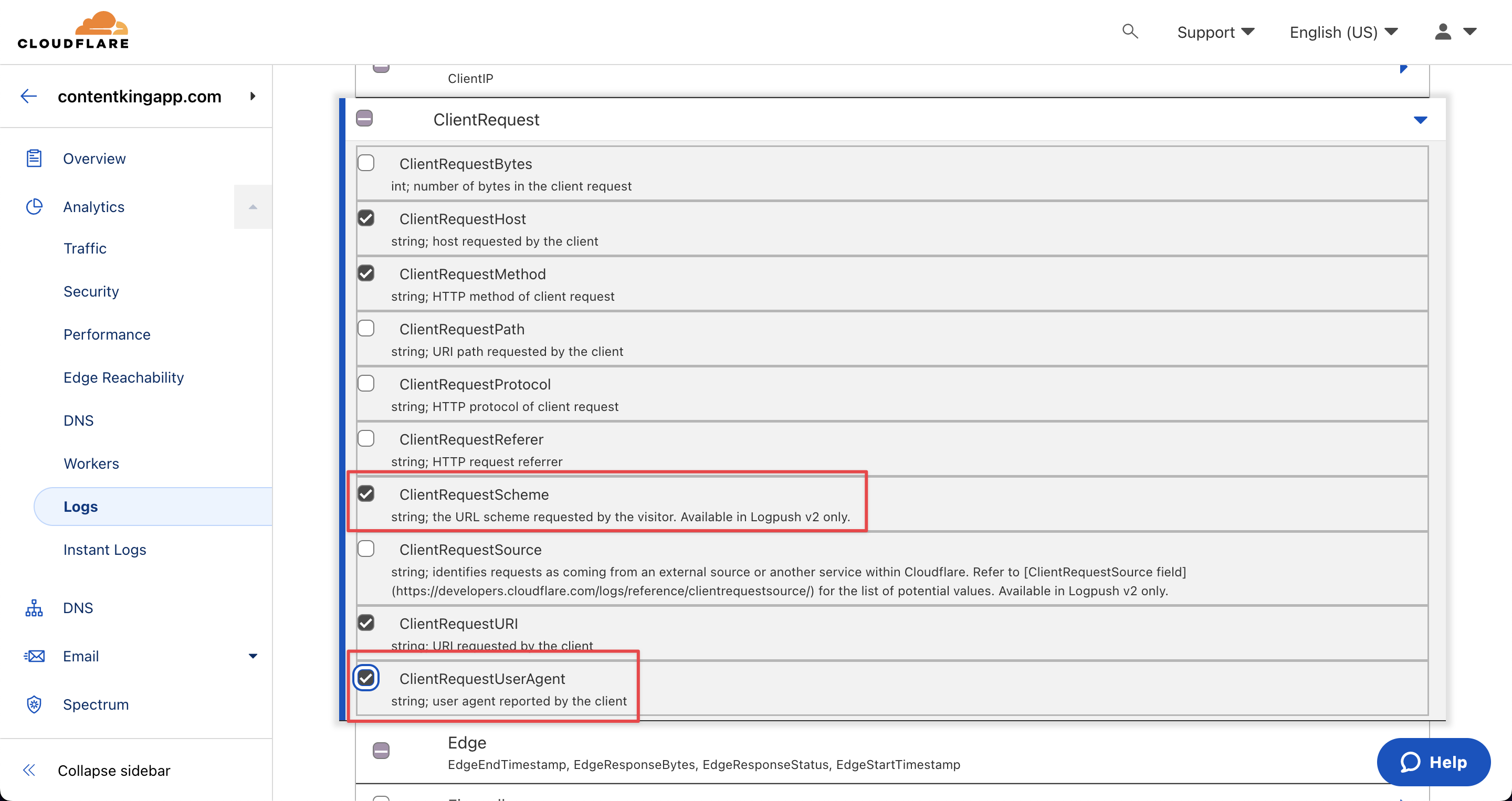 Screenshot illustrating which Data Fields should be selected in Cloudflare account