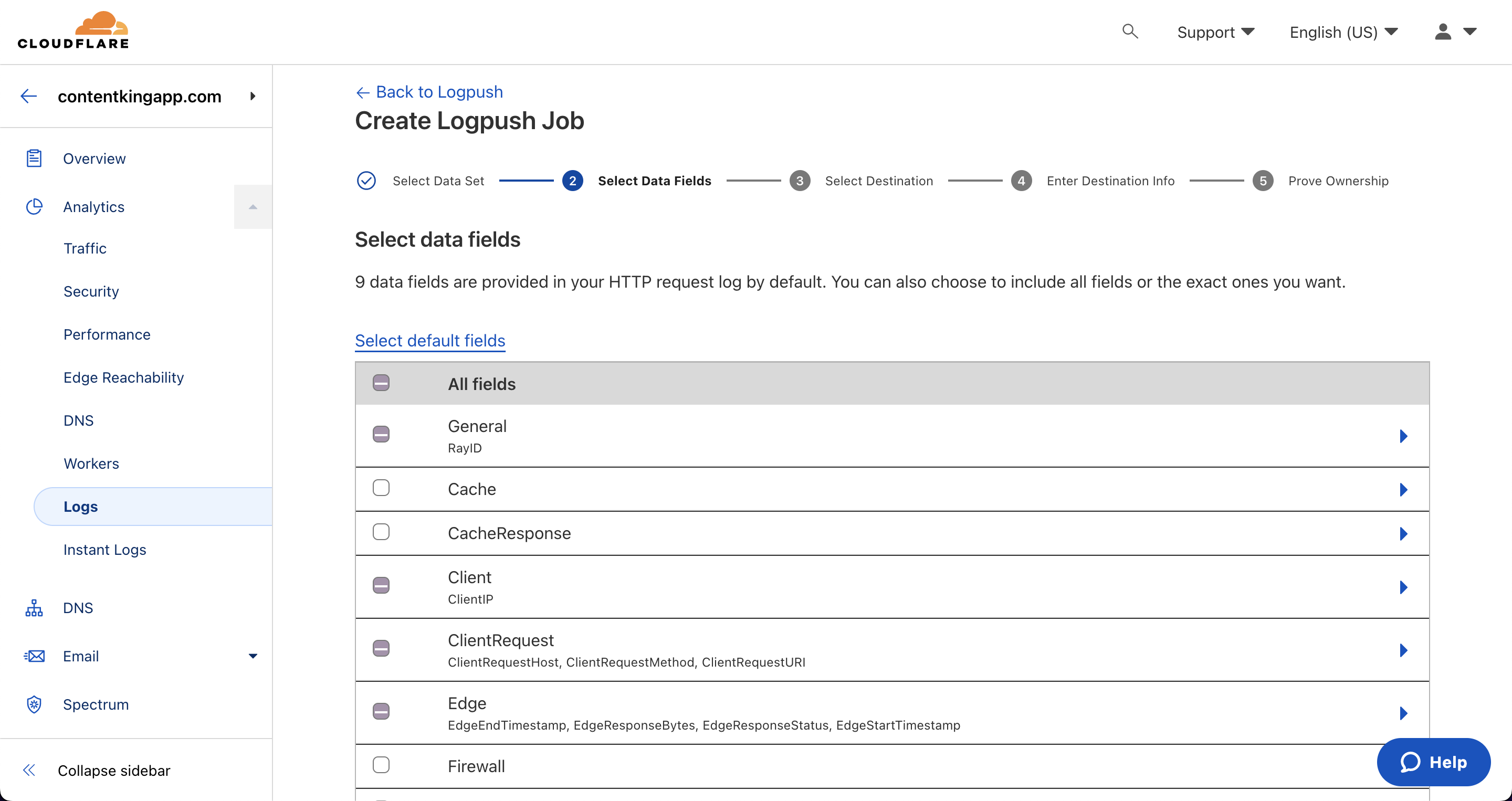 Screenshot illustrating which Data Fields should be selected in Cloudflare account