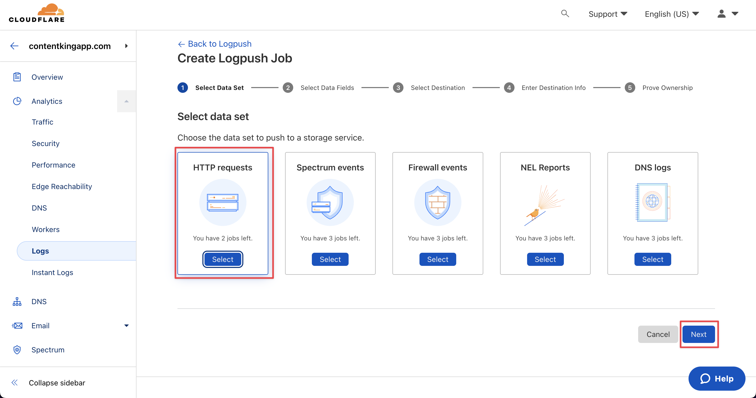 Screenshot of the Select data set in the Cloudflare account