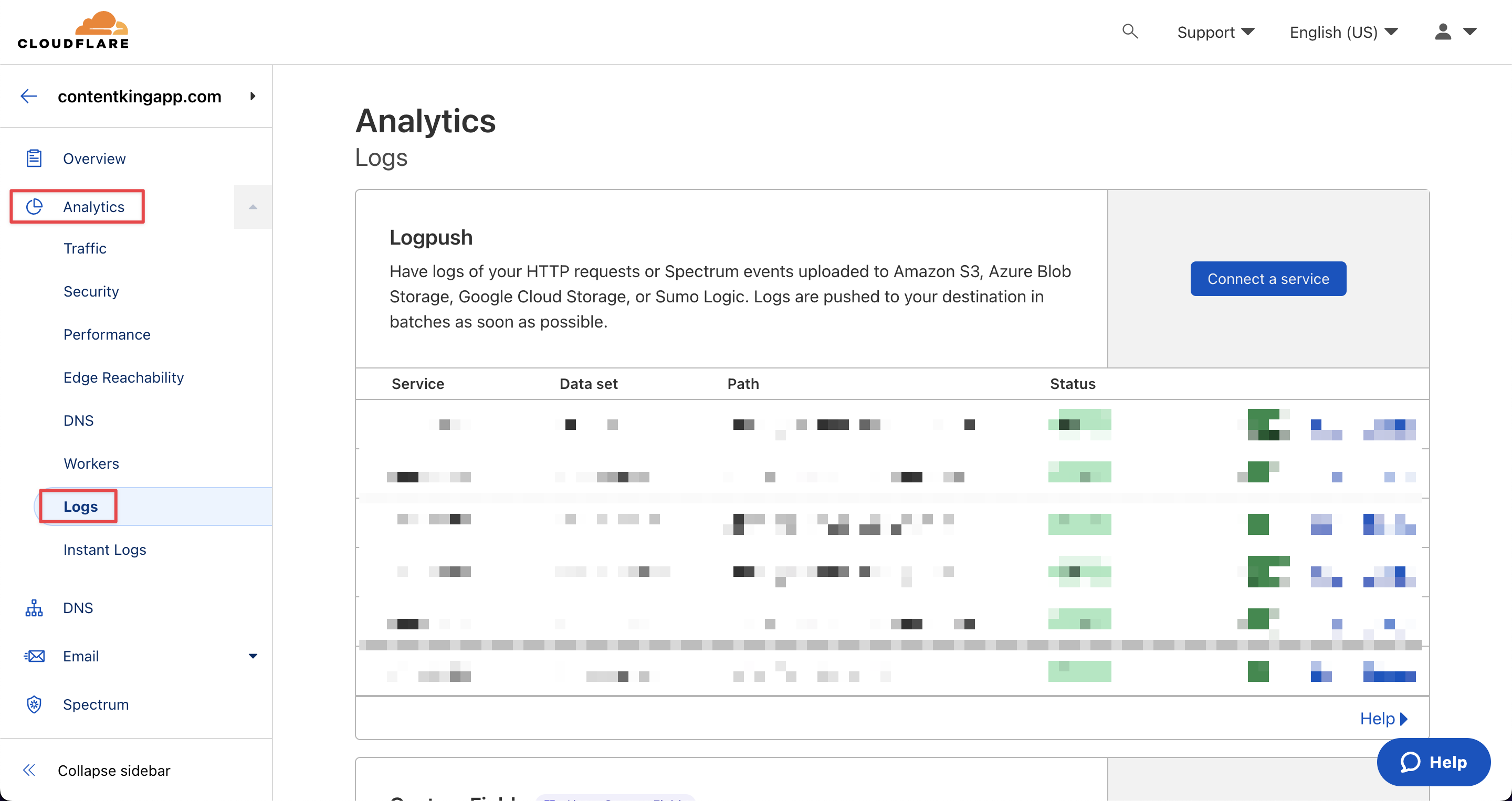 Screenshot of the Logs view in the Cloudflare UI