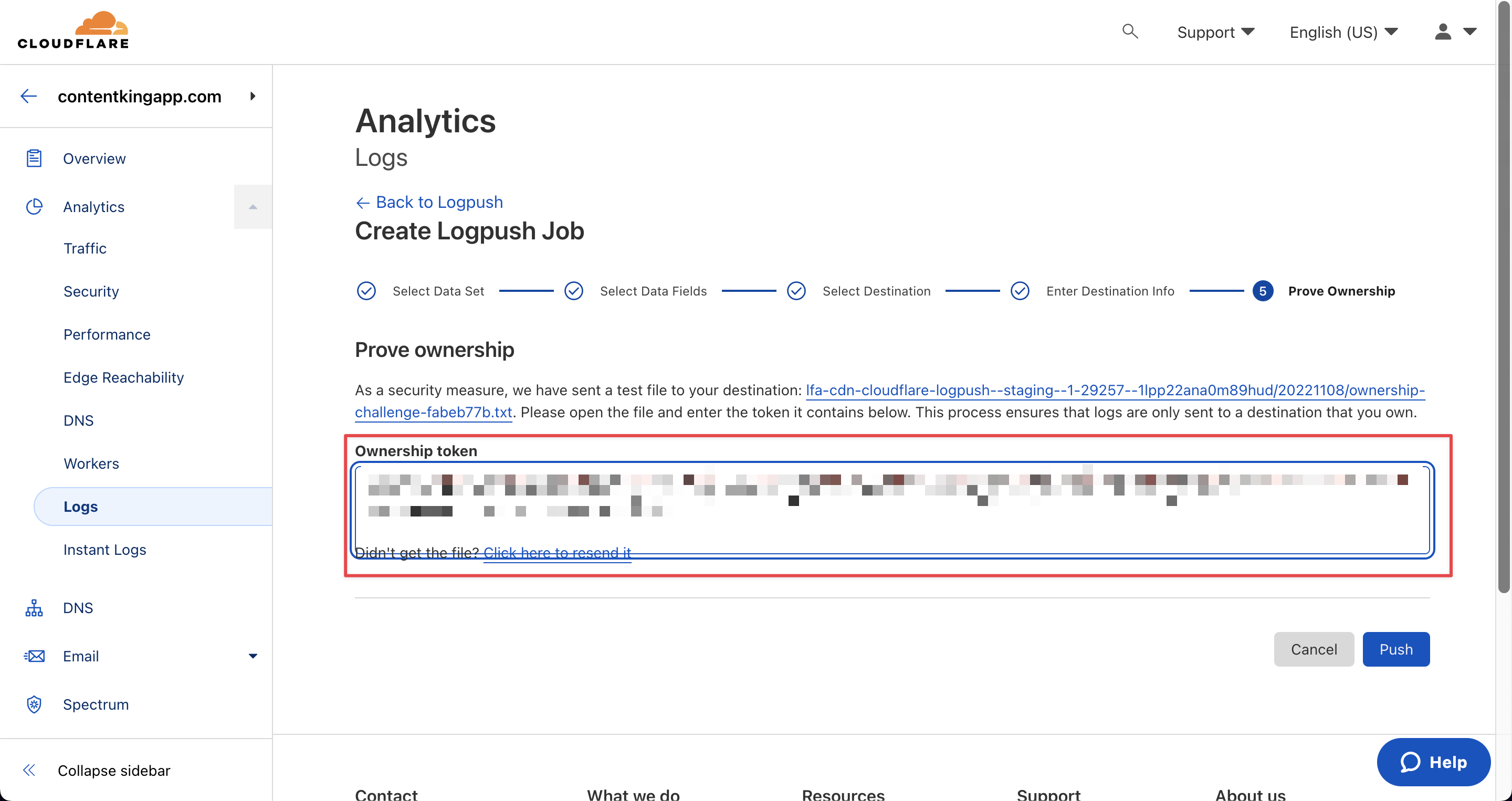 Screenshot showing where to paste the Ownership token in the Cloudflare UI