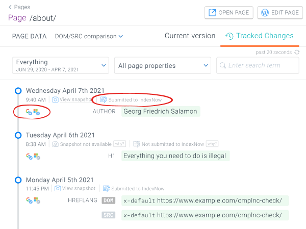 Screenshot of the tracked changes screen in ContentKing showing search engine activity tracked historically