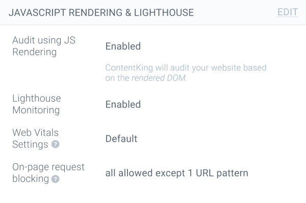 Screenshot showing the JavaScript Rendering and Lighthouse Monitoring features in ContentKing