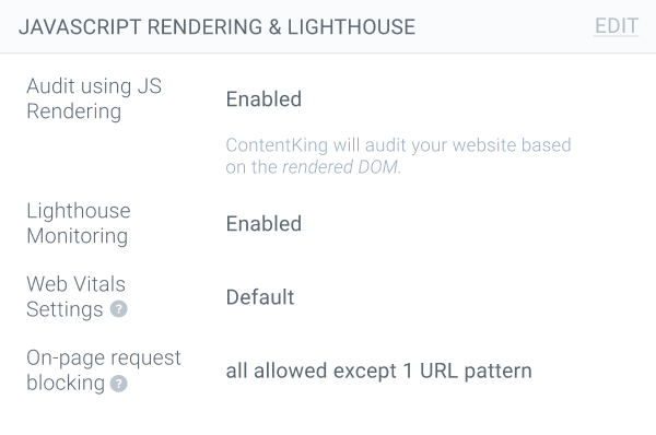 The JavaScript Rendering and Lighthouse Monitoring features in ContentKing Screenshot showing the JavaScript Rendering and Lighthouse Monitoring features in ContentKing