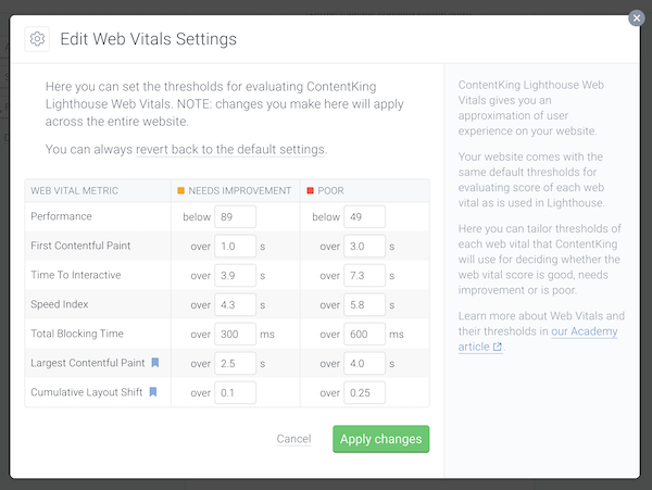 Customizing the Needs improvement and Poor thresholds for the Web Vitals metrics in ContentKing Screenshot showing the customization of the Needs improvement and Poor thresholds for the Web Vitals metrics in ContentKing