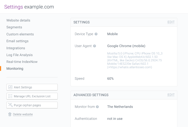 Screenshot showing the Monitoring settings in ContentKing