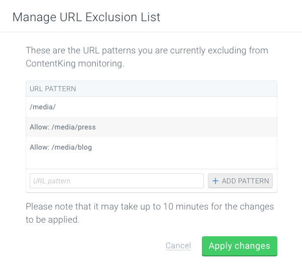 ContentKing manage Url Exclusion List modal ContentKing manage Url Exclusion List modal