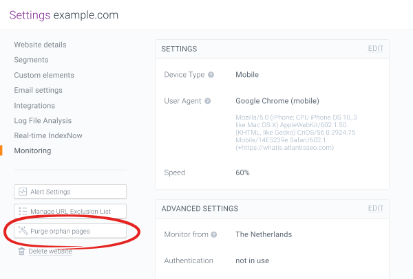 ContentKing website settings Purge orphan pages button